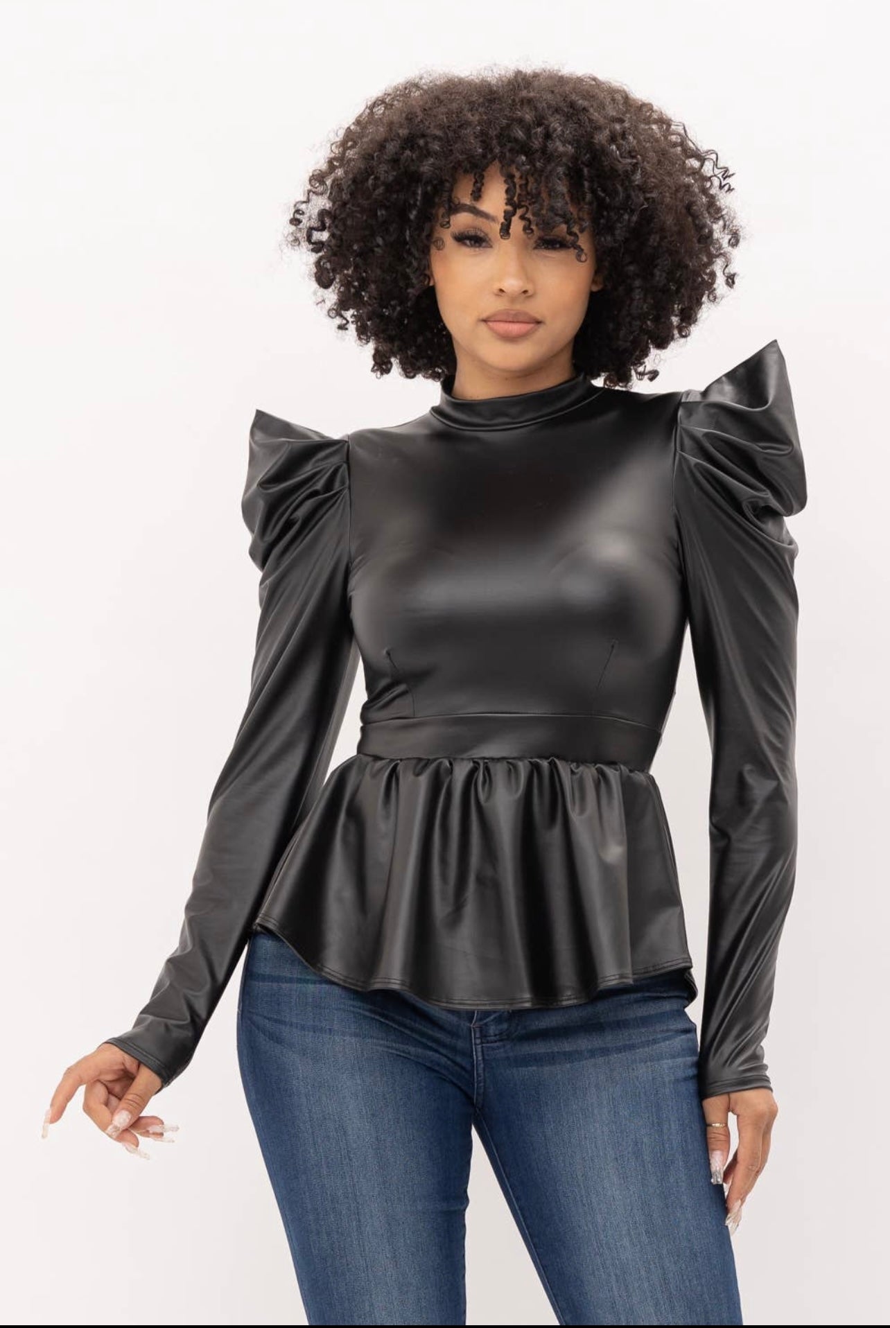 Faux leather mock neck puff sleeve peplum top (pink